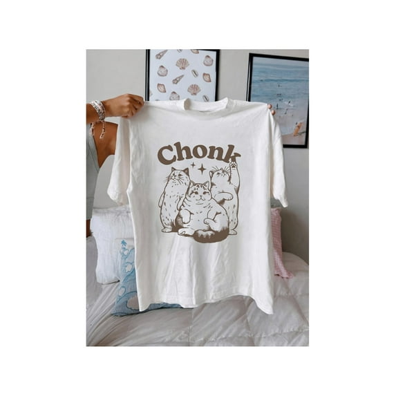 Women Casual Crew Neck T Shirt With Cute Cartoon Cat Print Soft Polyester Knit Short Sleeve Summer Top Regular Fit Apricot Color