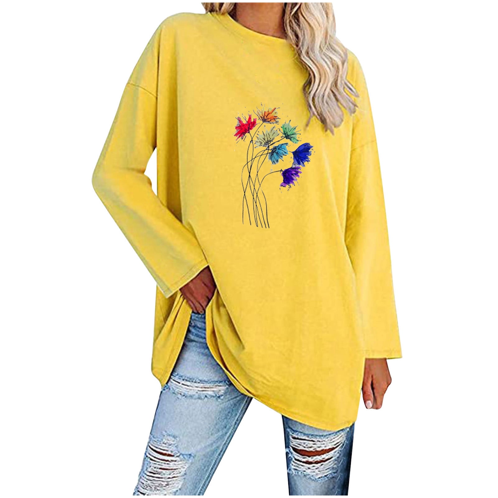 Women Casual Crewneck Long Sleeve T-shirt Pullover Plus Size Loos