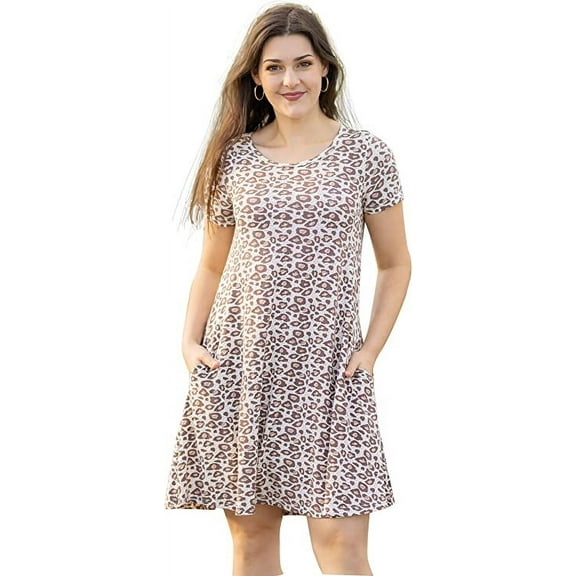Women Casual Crewneck Short Sleeve Pockets Swing T-Shirt Dress
