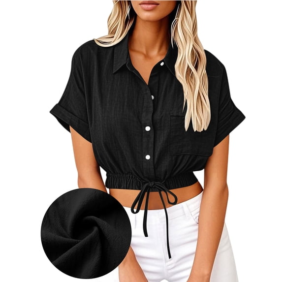 Women Casual Crop Short Sleeve Button Down Blouses Shirt Collar Loose Fit Shirt Black XL