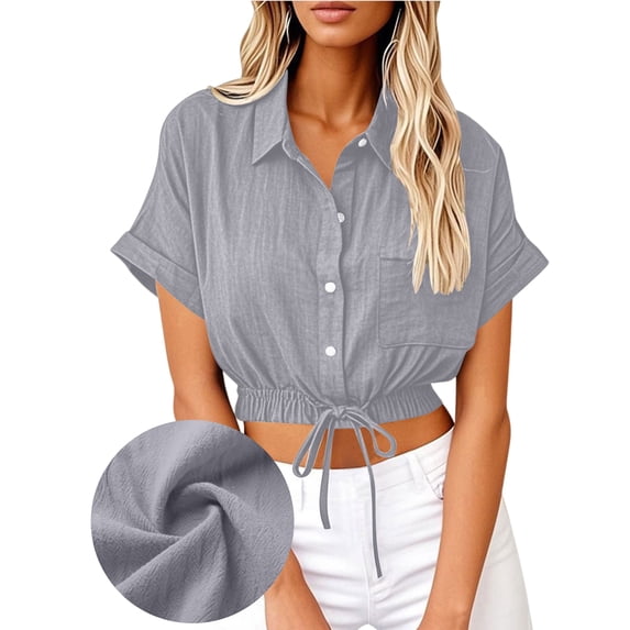 Women Casual Crop Short Sleeve Button Down Blouses Shirt Collar Loose Fit Shirt Gray XXL