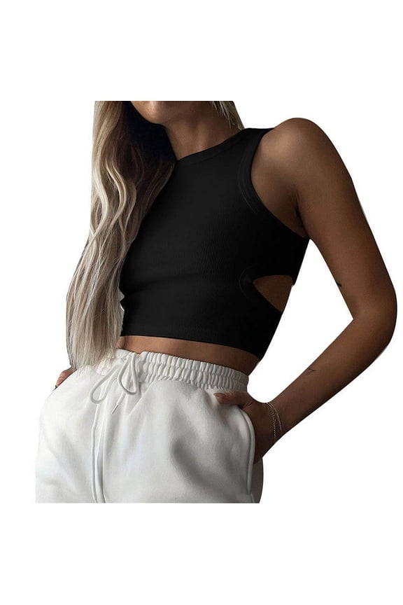 Women Casual Crop Tops Basic Sleeveless High Neck Rib-Knit Tank Top Hollow out Slim Fit Tanks