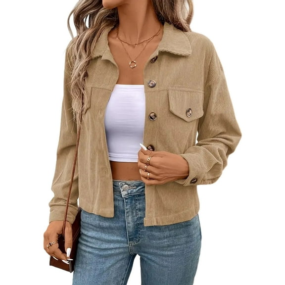 Women Casual Cropped Corduroy Shackets Button Down Jackets Tops Fall Trendy Long Sleeve Shirts Apricot M