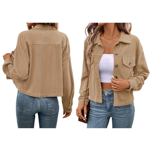 Women Casual Cropped Corduroy Shackets Button Down Jackets Tops Fall Trendy Long Sleeve Shirts Apricot S