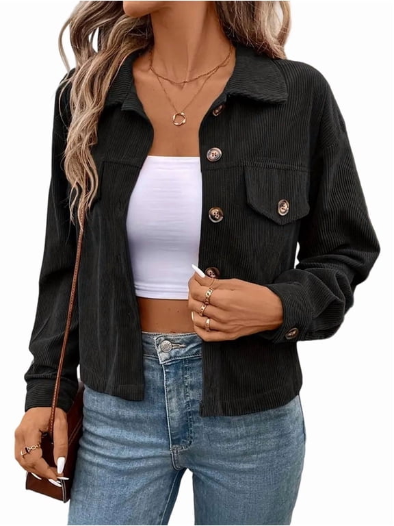 Women Casual Cropped Corduroy Shackets Button Down Jackets Tops Fall Trendy Long Sleeve Shirts Black S