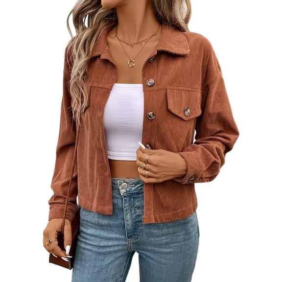 Women Casual Cropped Corduroy Shackets Button Down Jackets Tops Fall Trendy Long Sleeve Shirts Coffee Color M