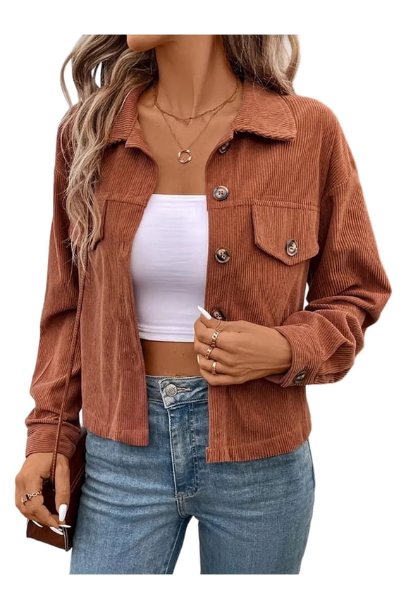 Women Casual Cropped Corduroy Shackets Button Down Jackets Tops Fall Trendy Long Sleeve Shirts Coffee Color M