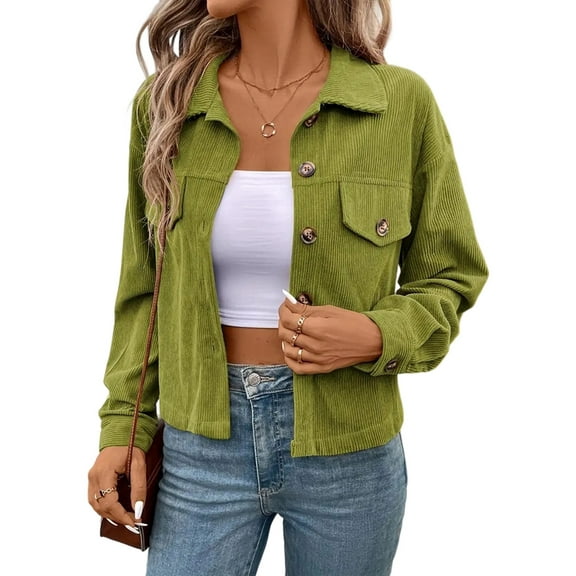 Women Casual Cropped Corduroy Shackets Button Down Jackets Tops Fall Trendy Long Sleeve Shirts Green S