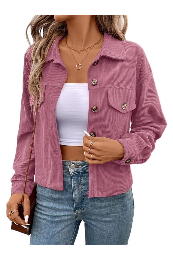 Women Casual Cropped Corduroy Shackets Button Down Jackets Tops Fall Trendy Long Sleeve Shirts Pink L
