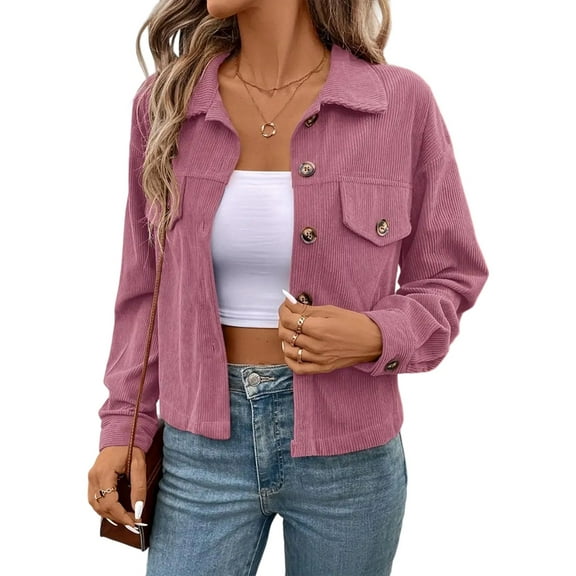 Women Casual Cropped Corduroy Shackets Button Down Jackets Tops Fall Trendy Long Sleeve Shirts Pink M