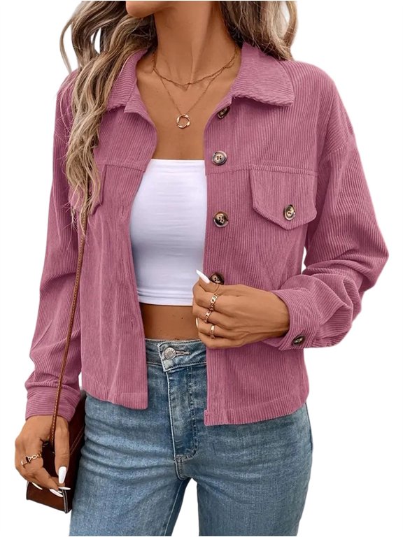 Women Casual Cropped Corduroy Shackets Button Down Jackets Tops Fall Trendy Long Sleeve Shirts Pink S