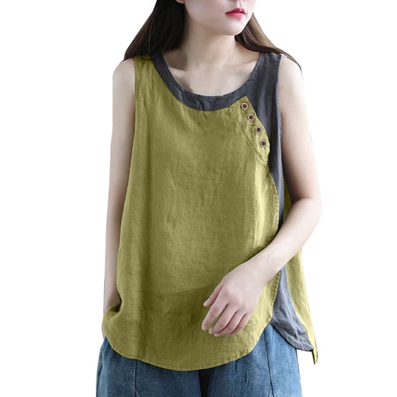 Women Casual Daily Shirts O Neck Sleeveless T Shirt Tee Vest Color Block Button Cotton And Llinen Loose Tank Tops Blouse