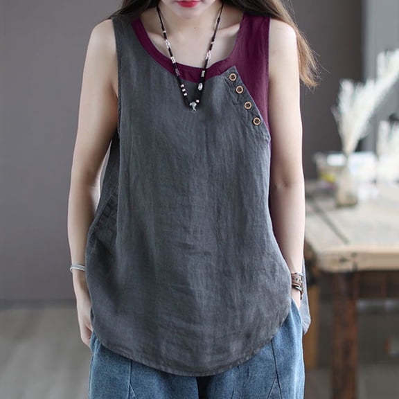 Women Casual Daily Shirts O Neck Sleeveless T Shirt Tee Vest Color Block Button And Llinen Loose Tank Tops Blouse Fitted Cardigan Women Beach Tops for Women plus Size 3x Shirts for Women Sleeveless