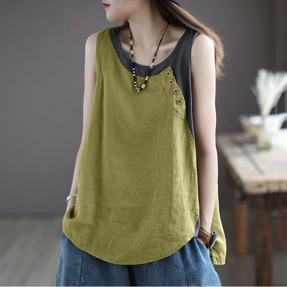 Women Casual Daily Shirts O Neck Sleeveless T Shirt Tee Vest Color Block Button And Llinen Loose Tank Tops Blouse Fitted Cardigan Women Beach Tops for Women plus Size 3x Shirts for Women Sleeveless