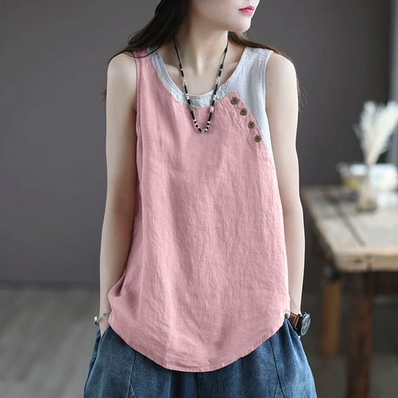 Women Casual Daily Shirts O Neck Sleeveless T Shirt Tee Vest Color Block Button And Llinen Loose Tank Tops Blouse Fitted Cardigan Women Beach Tops for Women plus Size 3x Shirts for Women Sleeveless