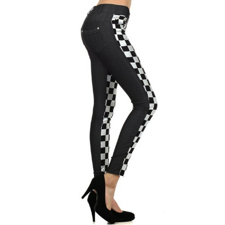 Women Casual Daily Wear Leggings Frontal Metallic Silver Checkered Print S M 1 Piece