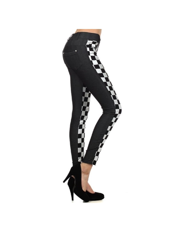 Women Casual Daily Wear Leggings, Frontal Metallic Silver Checkered Print, S/M, 1 Piece