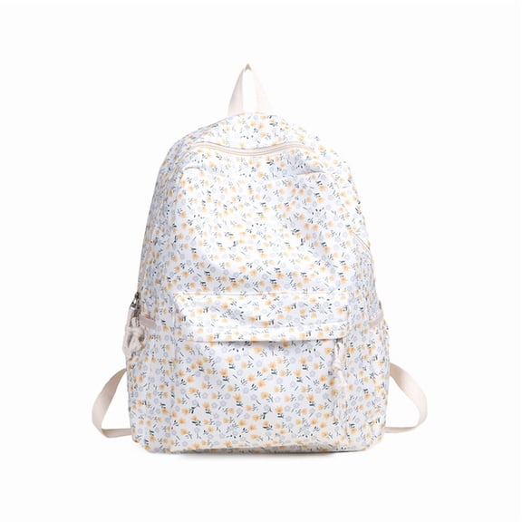 Women Casual Daypack Large Capacity Nylon Floral Backpack Lightweight Aesthetic Knapsack for Travel and Daily Commute (Yellow)