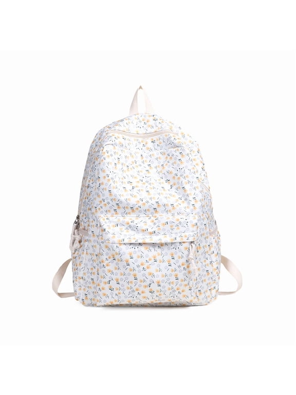 Women Casual Daypack Large Capacity Nylon Floral Backpack Lightweight Aesthetic Knapsack for Travel and Daily Commute (Yellow)