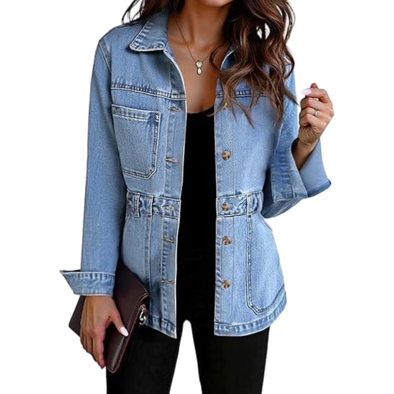 Women Casual Denim Jacket Button Up Loose Denim Coat with Pockets