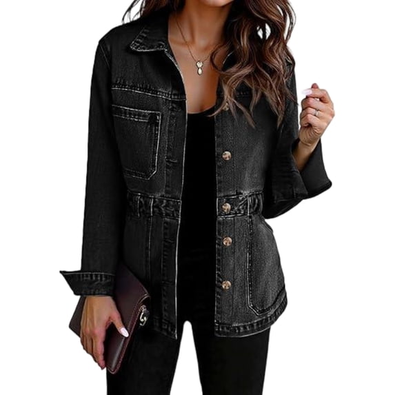 Women Casual Denim Jacket Button Up Loose Denim Coat with Pockets