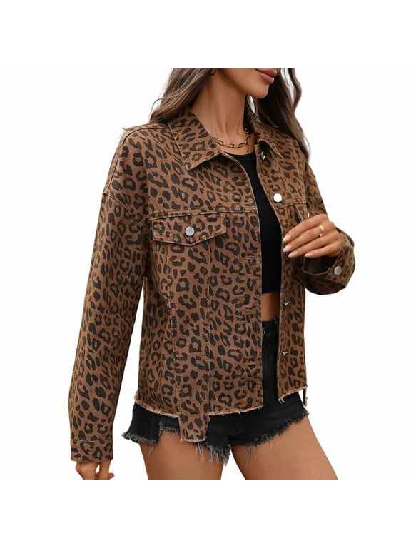 Women Casual Denim Jacket Oversized Leopard Printed Boyfriend Vintage Jean Jacket Coat with Pockets Leopard Print XL