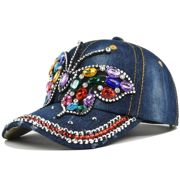 Women Casual Denim Retro Butterfly Point Drill Baseball Cap Fashion Sequin Baseball Cap Ajustable Peaked Cap Outdoor Sports Couple Hats Adjustable Curved Brim Hats Sun