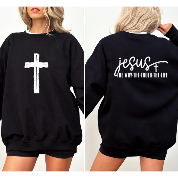 Women Casual Double-sided Jesus The Way Graphic Tee Christian Religious T Shirt Top Inspirational Cross Round-neck long-sleeved Black S-3XL