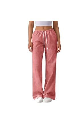 Women Casual Drawstring Elastic Waist Striped Wide Leg Loose Fit Pants with Pockets Red