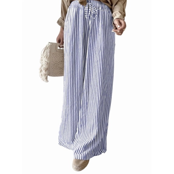Women Casual Drawstring Elastic Waist Striped Wide Leg Pants with Pockets Blue M