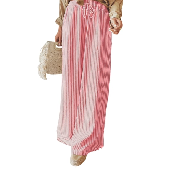 Women Casual Drawstring Elastic Waist Striped Wide Leg Pants with Pockets Red S