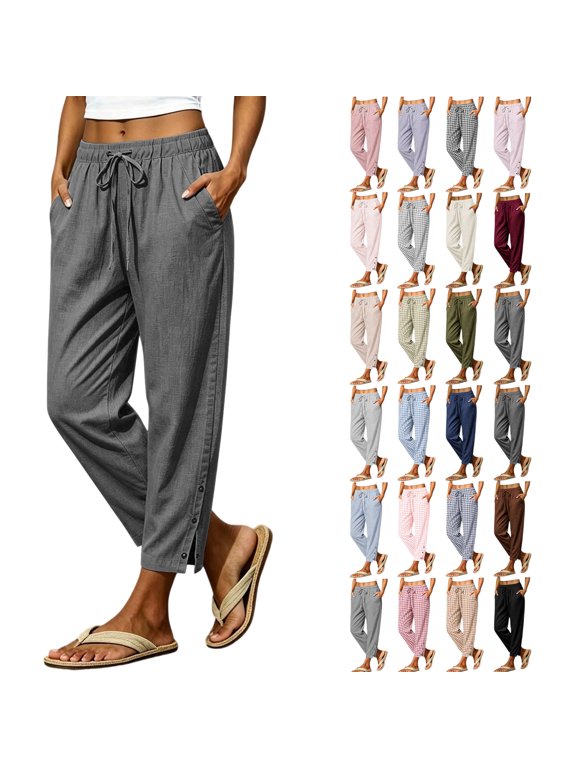 Women Casual Drawstring Elastic Waisted Pants with Pockets Solid Color Full Length Pant Lightweight Beach Work Trousers