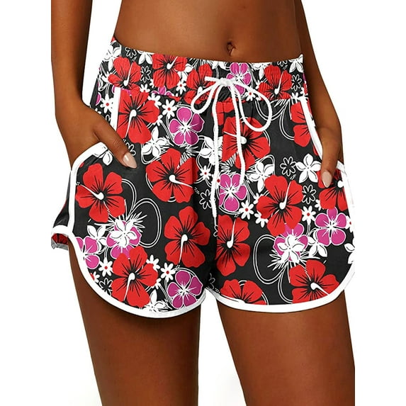 Women Casual Drawstring Shorts Boho Floral Swim Trunk Summer Beachwear Boardshorts with Pockets