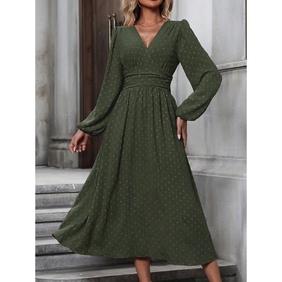Women Casual Dress Dot Neck Lantern Sleeve Ruched Waist Dress Midi Dress