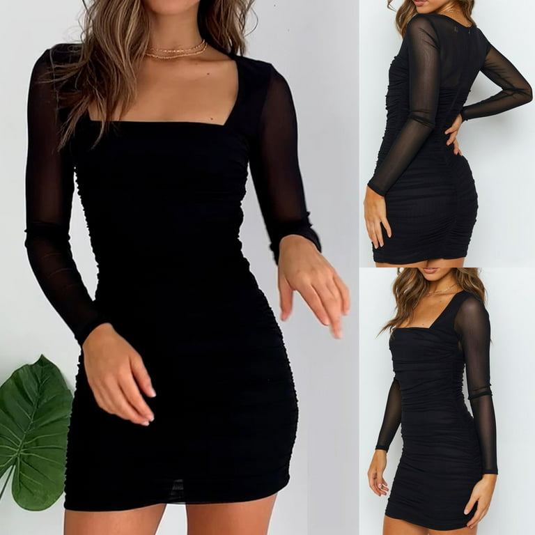Women Casual Dress Square Neck Slim Mesh Long Sleeve Mini Dress Women's  Casual Dress Black XL 