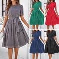 thumbnail image 1 of Women Casual Dress Summer Dress Solid Color Polka Dot Print Dress Short Sleeve Lace Up Tie Dress,  Black L, 1 of 8