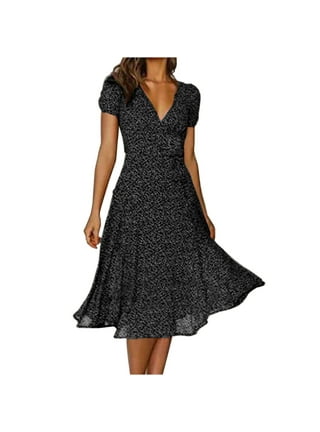 BEEYASO Clearance Summer Dresses for Women V-Neck Solid A-Line Knee Length  Casual 1/4 Sleeve Dress Black XL 