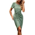 thumbnail image 1 of Women Casual Dresses Crew Neck Short Sleeve Twist Front Slim Fit Midi Dress Solid Color Asymmetrical Cocktail Dresses, 1 of 7