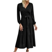 WICVIK Women Casual Dresses Leopard Print Wrap V Neck Long Sleeve Elegant Tie Waist A-Line Flowy Midi Dress Beach Maxi Dress