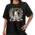 thumbnail image 1 of Women Casual Easter Bunny Wreath Graphic Tees Cotton Crew Neck Printed T Shirt Tops Washed T Shirt Black S-2XL Plus Size, 1 of 5