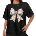 thumbnail image 1 of Women Casual Easter Eggs Bow Graphic Tees Cotton Crew Neck Printed T Shirt Tops Washed T Shirt Black S-2XL Plus Size, 1 of 5
