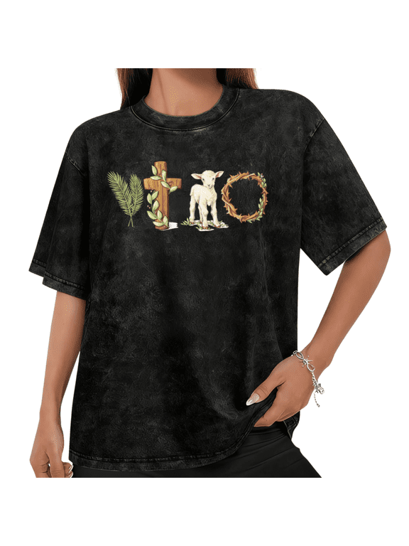 Women Casual Easter Lamb Cross Graphic Tees Cotton Crew Neck Printed T Shirt Tops Washed T Shirt Black S-2XL Plus Size