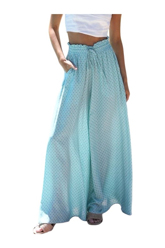 Women Casual Elastic Drawstring Floral Print Wide Leg Maxi Pants with Pockets Blue Print M