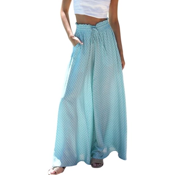 Women Casual Elastic Drawstring Floral Print Wide Leg Maxi Pants with Pockets Blue Print XXL