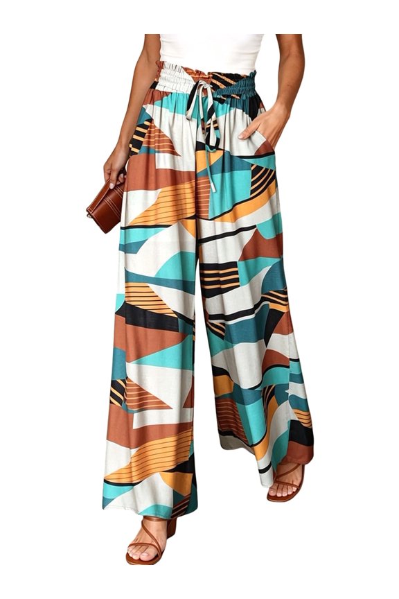 Women Casual Elastic Drawstring Floral Print Wide Leg Maxi Pants with Pockets Geometric Print M