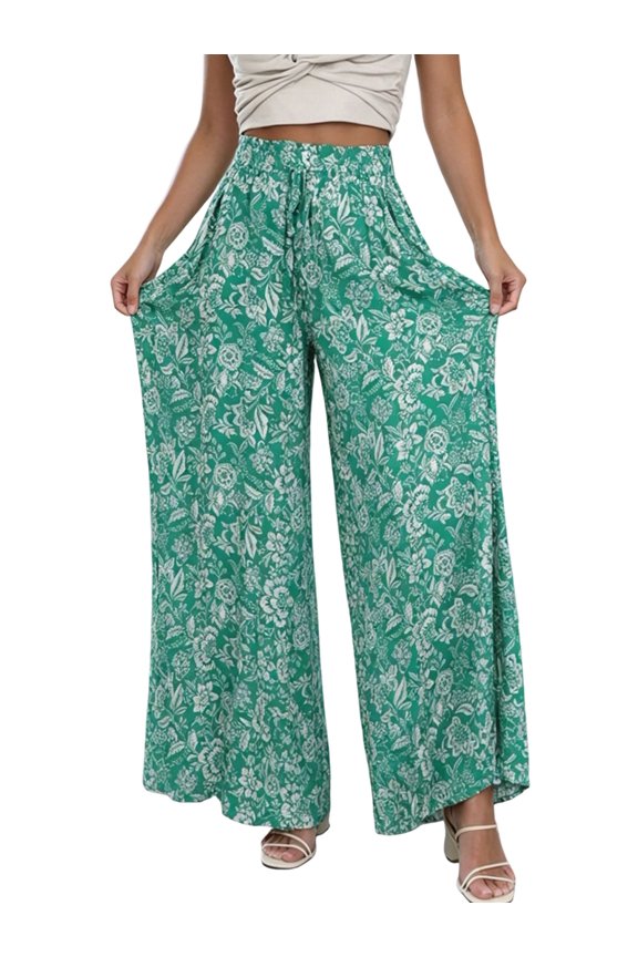 Women Casual Elastic Drawstring Floral Print Wide Leg Maxi Pants with Pockets Green Print L