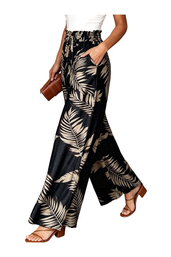 Women Casual Elastic Drawstring Floral Print Wide Leg Maxi Pants with Pockets Leaf Print M