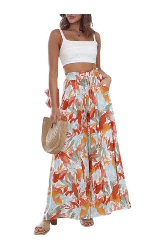 Women Casual Elastic Drawstring Floral Print Wide Leg Maxi Pants with Pockets Orange XL