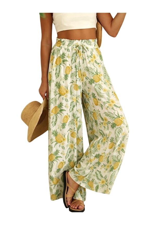 Women Casual Elastic Drawstring Floral Print Wide Leg Maxi Pants with Pockets Pineapple Print XXL