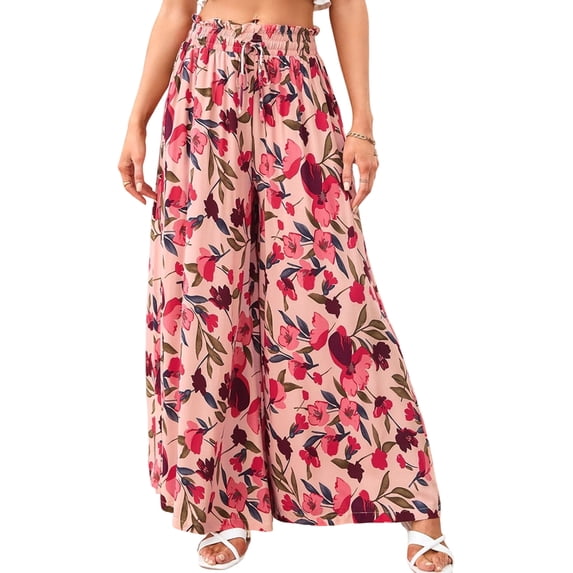 Women Casual Elastic Drawstring Floral Print Wide Leg Maxi Pants with Pockets Red S